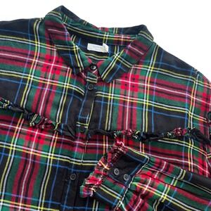 Harper Heritage Womens XL Black Red Multi Plaid Ruffle Long Sleeve Button Up Top